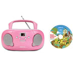 groov-e Orginal Boombox & Kids Story CD Bundle - Portable CD Player with Radio, 3.5mm Aux Port, & Headphone Socket - CD Features 10 Classic Children's Stories - Battery or Mains Powered - Pink