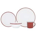 Argon Tableware 16 Piece White Enamel Dinner Set - Metal Outdoor Camping Plates Bowls Mugs for 4 - Red