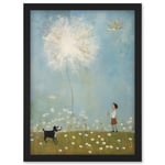Chasing the Giant Dandelion Dream Artwork Giant Wish Oil Painting Kids Bedroom Child and Pet Dog in Daisy Field Artwork Framed Wall Art Print A4