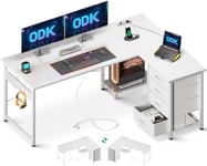 ODK Bureau d'angle avec Tiroirs, Bureau en L avec Prises et Ports USB, Bureau Angle avec Rangement Réversible pour Le Travail à Domicile, Blanc, 135×100 cm