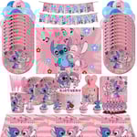 Rosa Stitch Födelsedagsfest Dekoration Lilo och Stitch Tema Bordsartiklar Ängel Ballonger Tallrikar Muggar Tillbehör För Barn Flickor (FMY)