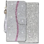 C-Super Mall-UK for Samsung Galaxy S20 FE Case, Bling Glitter Leather Wallet Flip Case with [Card Slots] [Magnetic Closure] [Stand] Women Girls Bling Phone Case, Silver
