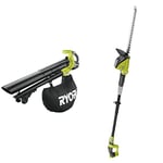 RYOBI - Souffleur Électrique sans Fil Aspiro-Broyeur à Batterie 18V One+ Brushless & Taille-Haie Électrique sur Perche sans Fil à Batterie 18V One+ - Lames 45cm pour Jeunes Haies