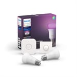 Philips Hue Starter Kit White and Colour Ambiance: Smart Bulb 2 Pack LED [E27 Edison Screw] Including Hue Smart Button and Hue Bridge, Works with Alexa, Google Assistant and Apple HomeKit