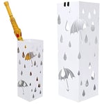 BAKAJI Porte-parapluies en fer design carré, blanc, bac anti-gouttes et crochets pour parapluies pliants, 49 x 15 x 15 cm
