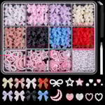 3D Nagelcharm och Platta Pärlor Set 1, 8 Färger Nagelrosetter Charm + Rosa & Vit Stjärna Hjärta Måne Söta Nageljuveler + 2-4mm