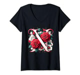 Womens Red Rose Roses Flower Floral Design Monogram Letter N V-Neck T-Shirt