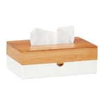 Relaxdays Boîte à mouchoirs, Plastique & Bambou, lingettes, rectangulaire, HxLxP: 8,5x23,5x15 cm, Blanc - Nature