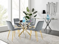 Novara 100cm Round Tempered Glass Dining Table with Gold Legs & 4 Pesaro Velvet Chairs