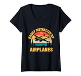 Womens Vintage Easily Distracted By Airplanes Funny Pilot Aviation V-Neck T-Shirt