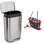Amazon Basics Rectangular Kitchen Bin With Steel Bar Pedal & Vileda Turbo Microfibre Mop and Bucket Set, Spin Mop for Cleaning Floors, Set of 1x Mop and 1x Bucket,Grey/Red,48.5 x 27.5 x 28 cm