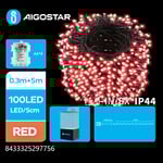 5m röd batteridriven LED ljusslinga - 100 LED, IP44, transparent kabel