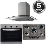 SIA Stainless Steel 60cm Single Electric Oven, 70cm Gas Hob & Curved Glass Hood