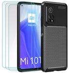 ivoler Case for Xiaomi Mi 10T 5G / Xiaomi Mi 10T Pro 5G + 3 Pack Tempered Glass Screen Protector, Carbon Fiber Design Shock Absorption Bumper Cover, Slim Soft Silicone Shockproof Phone Case - Black