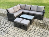8 Seater High Back Rattan Set Corner Sofa With Oblong Coffee Table Footstools