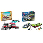 LEGO Creator 3-en-1 Le Camion Remorque avec Hélicoptère, Set de Véhicules avec Jouet d'Hélicoptère & City La Course-Poursuite Entre la Voiture de Police et la Super Voiture, Jouet Imaginatif