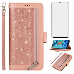 Asuwish Compatible with Huawei P30 Pro Wallet Case and Tempered Glass Screen Protector Glitter Flip Cover Zipper Card Holder Cell Accessories Phone Cases for Hawaii P30Pro P 30 Pro30 Women Rose Gold