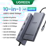 UGREEN 10Gbps USB C HUB 4K60Hz type-c vers HDMI RJ45 PD100W SD & TF adaptateur USB pour Macbook iPad Samsung accessoires d'ordinateur portable Docking - Type 10Gbps 10-in-1 2HDMI