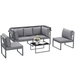 Outsunny Salon de Jardin extérieur 4 pièces modulaire avec canapé 3 Places, 2 chaises et Table Basse en Verre trempé, Coussins Inclus, mobilier de Jardin terrasse Veranda, Gris