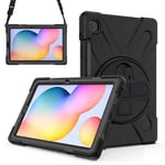 Junfire Samsung Galaxy Tab S6 Lite Case 10.4 inch 2020, Heavy Duty Kids Shockproof Cover with Rotating Kickstand Shoulder Hand Strap Pen Holder for Samsung S6 Lite Tablet Case SM-P610/P615, Black
