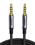 UGREEN Câble Audio Jack 3.5mm TRRS 4 Pôles Double Prise Mâle Stéréo Auxiliaire Voiture Nylon Tressé Compatible avec iPad iPod Casque Micro Tablette Chaîne HiFi MP4 MP3 Autoradio Amplificateur (3M)