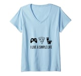 Womens I live simple life sleep play video games bathroom pizza V-Neck T-Shirt