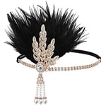 Bandeau Plume Année 20 Bandeau en Plumes et Strass Bandeau Serre-tête Vintage Flapper Casque avec Plume Bandeaux Mode Accessoires de Cheveux pour Partie à Thème Costume Prom Mariage Noir Doré