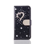 Huzhide Samsung Galaxy A21S Case, 3D Love Heart Glitter Diamonds PU Leather Flip Wallet Phone Case with Card Slots Magnetic Stand Shockproof Soft TPU Bumper Protective Cover for Samsung A21S, Black