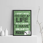 RED OCEAN Gamer Gift Funny Son Birthday Gift Gaming Print Framed Boys Bedroom Decor Xbox Fan Gift (A4 Print with Black Frame - Gamer Unlimited Lives Green)