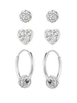 The Love Silver Collection Sterling Silver Crystal 3 Pack - 4Mm Glitterball Studs, 6Mm Heart Studs &Amp; 14Mm Hoops With Slider