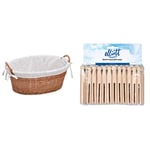 Prestige Wicker Laundry Basket Lined, Willow, Natural, 60x43x23 cm & Elliotts Traditional Beechwood Dolly Pegs, 24 Pack, Pefect for Indoor and Outdoor Use, Traditional Style, Beige