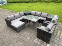 Wicker Rattan Outdoor Furniture Lounge Sofa Garden Dining Set with Dining Table 2 Side Tables Big Footstool
