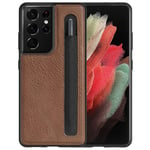 imluckies Leather Case for Samsung Galaxy S21 Ultra 5G with S Pen Holder, [Slim Soft TPU ][ Hard PC ] [Premium Leather Back] Protective Pen Slot Phone Cover for S21 Ultra 6.8 In - Brown (No Pen)