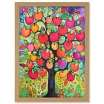 Apple Tree Folk Art Bright Watercolour Painting Artwork Framed Wall Art Print A4