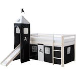 Décoshop26 - Lit mezzanine 90x200cm avec échelle toboggan en bois blanc et toile noir pirate incluse