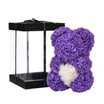 NF Rose Flower Bear - Over 250+ Flowers on Every Rose Bear - Gift for Mothers Day, Valentines Day, Anniversary & Bridal Showers - Clear Gift Box Included!10 Inches Tall (purple)