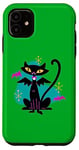 Coque pour iPhone 11 Retro Atomic Age Mid Century Vampire Chat noir avec ailes de chauve-souris