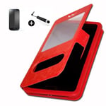 Lenovo Moto G4 Play super PACK Röd PU fönsterfodral + mini stylus + härdat glas 9H hårdhet, Ultratunn 0,20 mm