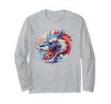blue and red mythical fierce Asian dragon roaring anime art Long Sleeve T-Shirt