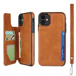 Zouzt Compatible with iphone 11 Wallet Case with Card Holder Premium PU Leather Case Kickstand, Magnetic Shockproof Phone Back Cover With Lanyard For iphone 11 Brown
