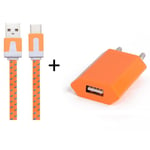 Pack Chargeur Pour Nintendo Switch Smartphone Type C (Cable Noodle 1m Chargeur + Prise Secteur Usb) Murale Android - Orange