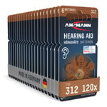 ANSMANN Hearing Aid Batteries 312 with Easy-Grip Protective Film (Brown, Pack of 120) Type 312 P312 ZL3 PR41 - Zinc Air 1.4 V - Battery for Hearing Aid, Hearing Amplifier, Hearing Aid