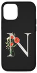 Coque pour iPhone 15 Pro Lettre N florale en titane noir personnalisable