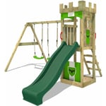 Fatmoose - Aire de jeux Portique bois TreasureTower avec balançoire et toboggan Maison enfant exterieur avec bac à sable, échelle d'escalade &