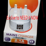 WHITE DOUBLE USB UK AC WALL PLUG CHARGER ADAPTER 2A FOR ALL iPhones SAMSUNG HTC