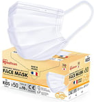 Iris Ohyama, Pack of 50 surgical masks 3 ply BFE 98%, Easy Fit V-Design type IIR, Anti-irritation elastic, Splash resistant, Made in France, Size S - Protective Mask PN - White