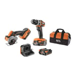 AEG - Duo Brushless : Perceuse à percussion Brushless Subcompact 18V, mini scie multi-matériaux Brushless Subcompact 18V, 2 batteries 2,0 Ah, chargeur, sac - JP18A2SBL-202B