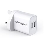 Magix Chargeur Mural Double USB , (5V-2.4A 5V-1.0A) Sortie maximale 5V-3.4A 17W Charge Rapide (Prise UK)(Blanc)