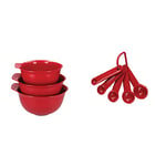 KitchenAid Mixing Bowl Set of 3, Plastic, Dishwasher Safe, Empire Red & Universal Measuring Spoon Set, Durable and Easy to Clean, Empire Red, Set of 5