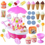 Ice Cream Cart 34 PCS Pretend Play Food Dessert and Candy Trolley Set Toy with Music and Lighting Kids and Girls Toys